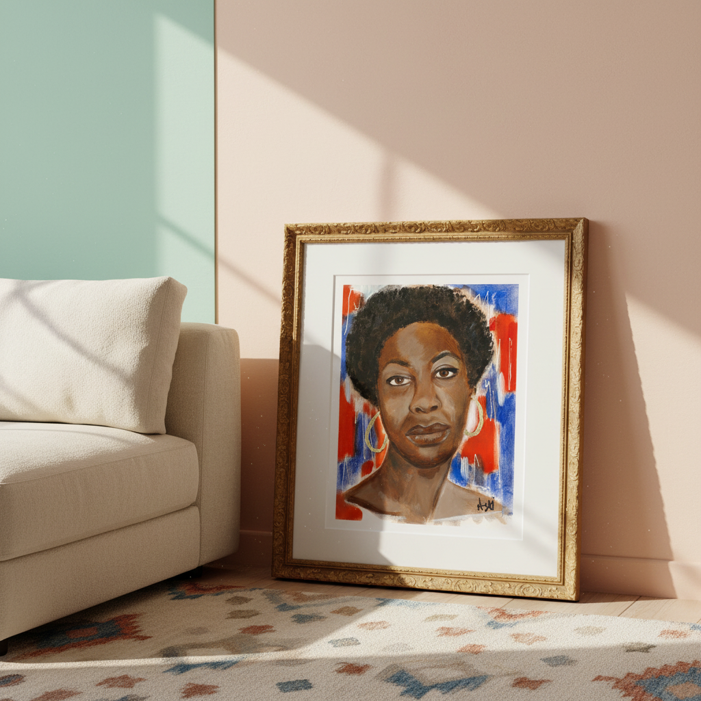 Framed portrait of Nina Simone leaning against a wall in a living room.