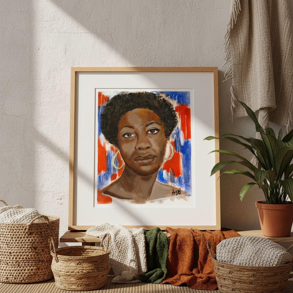 Framed portrait of Nina Simone on a wall with decorative items below