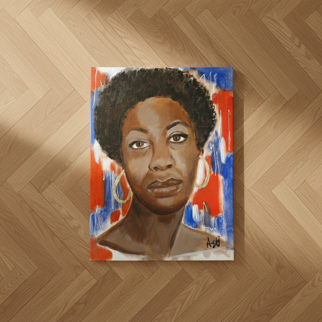 Nina Simone canvas print bird's eye view on floor — Black jazz civil rights icon canvas art