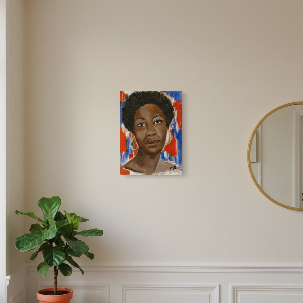 Nina Simone canvas print hung on wainscoting wall — Black jazz civil rights icon canvas art