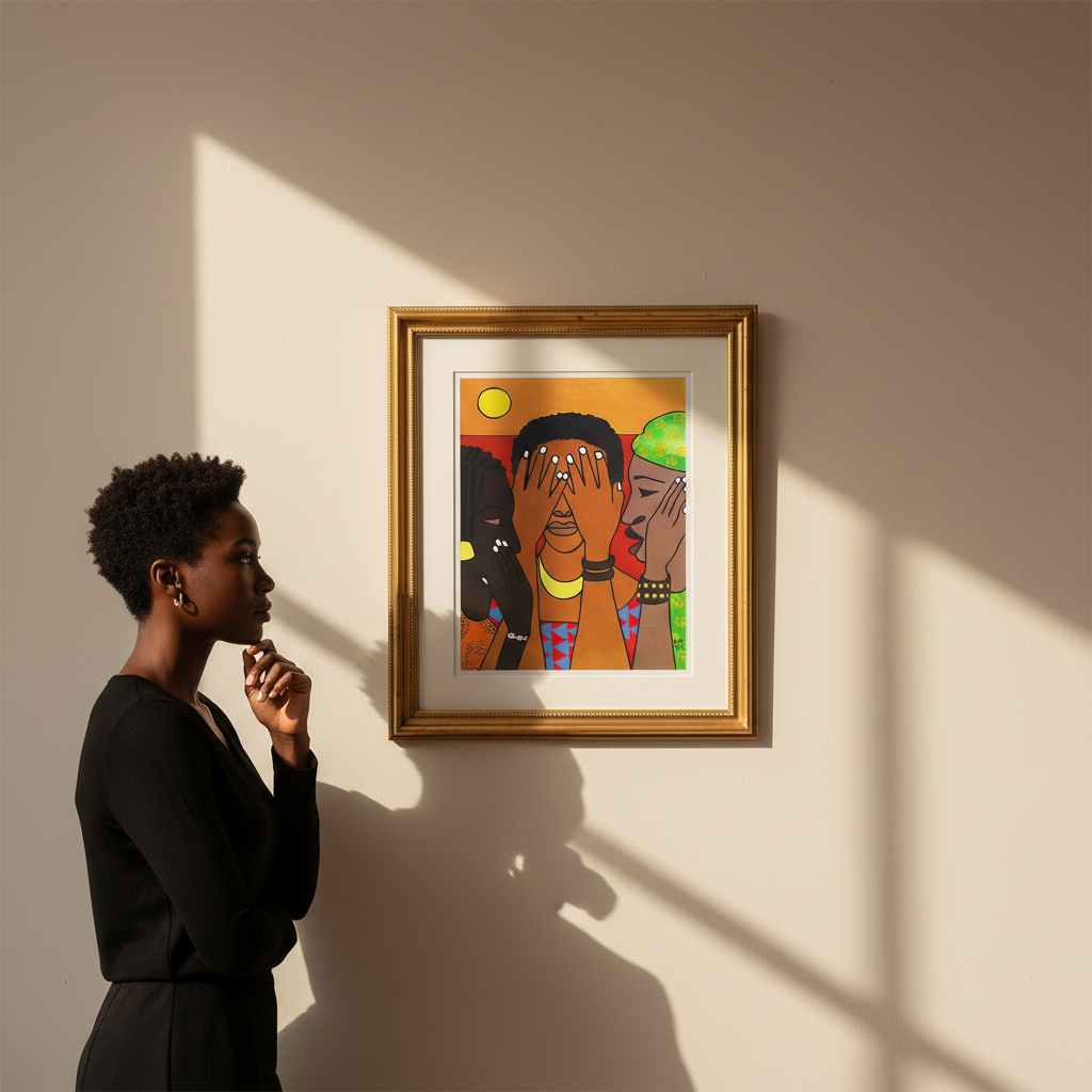 Woman looking at a framed artwork of three figures on a wall.