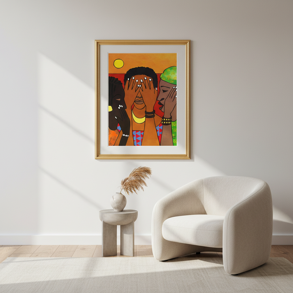 Framed artwork of three figures on a wall above a modern white chair and side table.