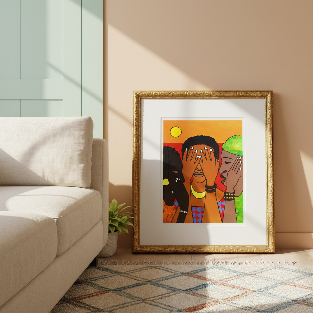 Framed artwork of three people with a gold frame on a wall in a living room.