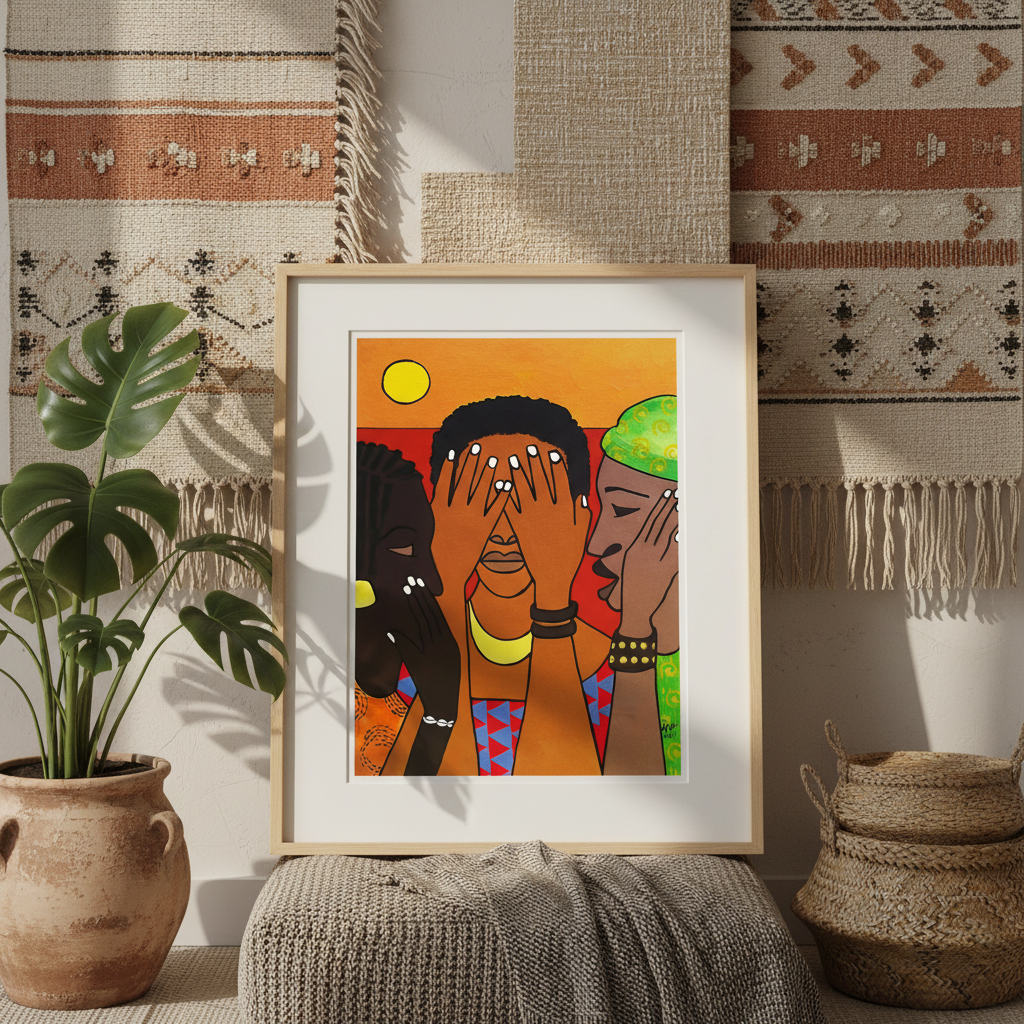 Framed artwork of two people with a colorful background, placed on a textured surface with decorative elements.