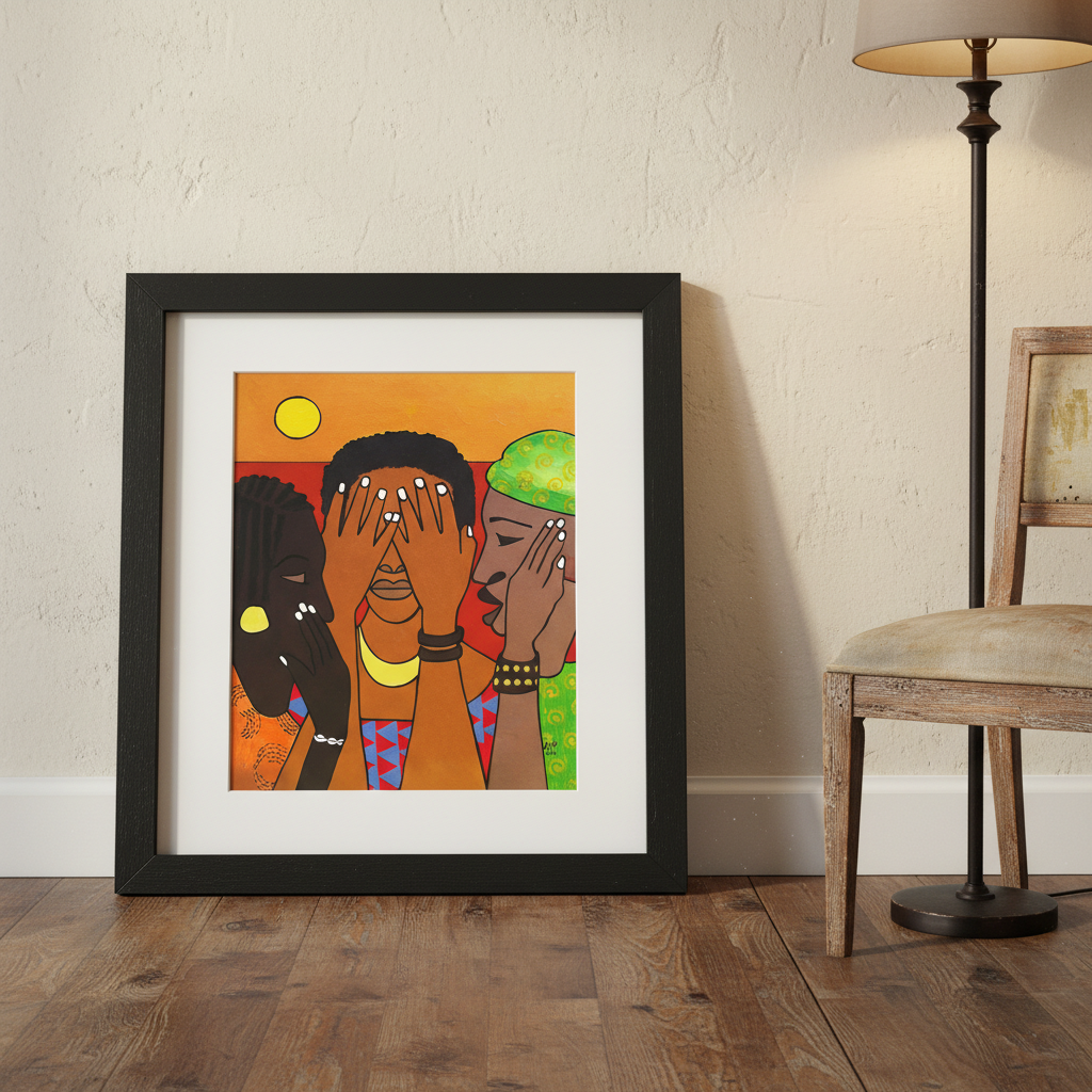 Framed artwork of a person with a dog on a wooden floor with a chair and lamp in the background.