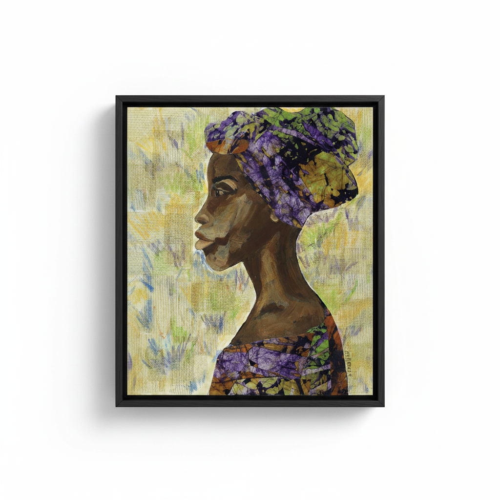 Nyanda African woman canvas print in black floater frame, studio shot