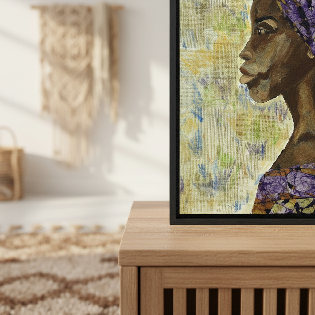 Close-up detail of Nyanda canvas print in black frame