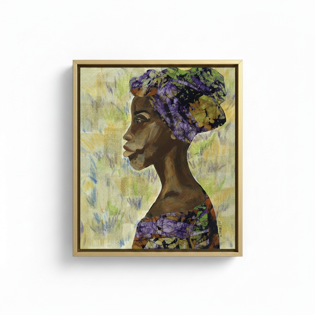 Nyanda African woman canvas print in gold floater frame, studio shot