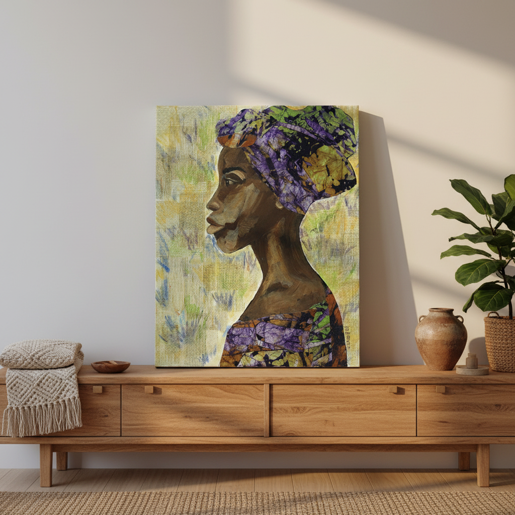 Nyanda African woman unframed canvas print lifestyle on credenza