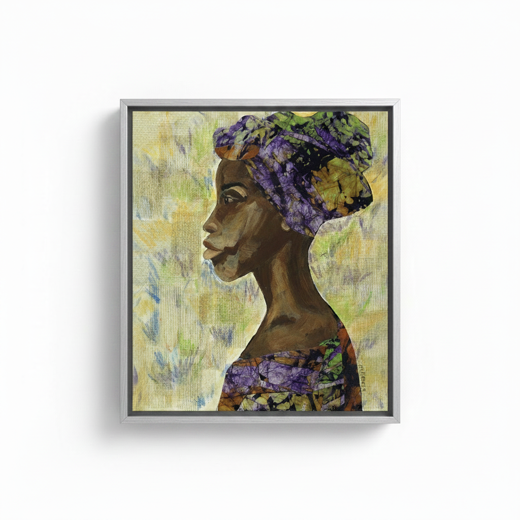 Nyanda African woman canvas print in silver floater frame, studio shot