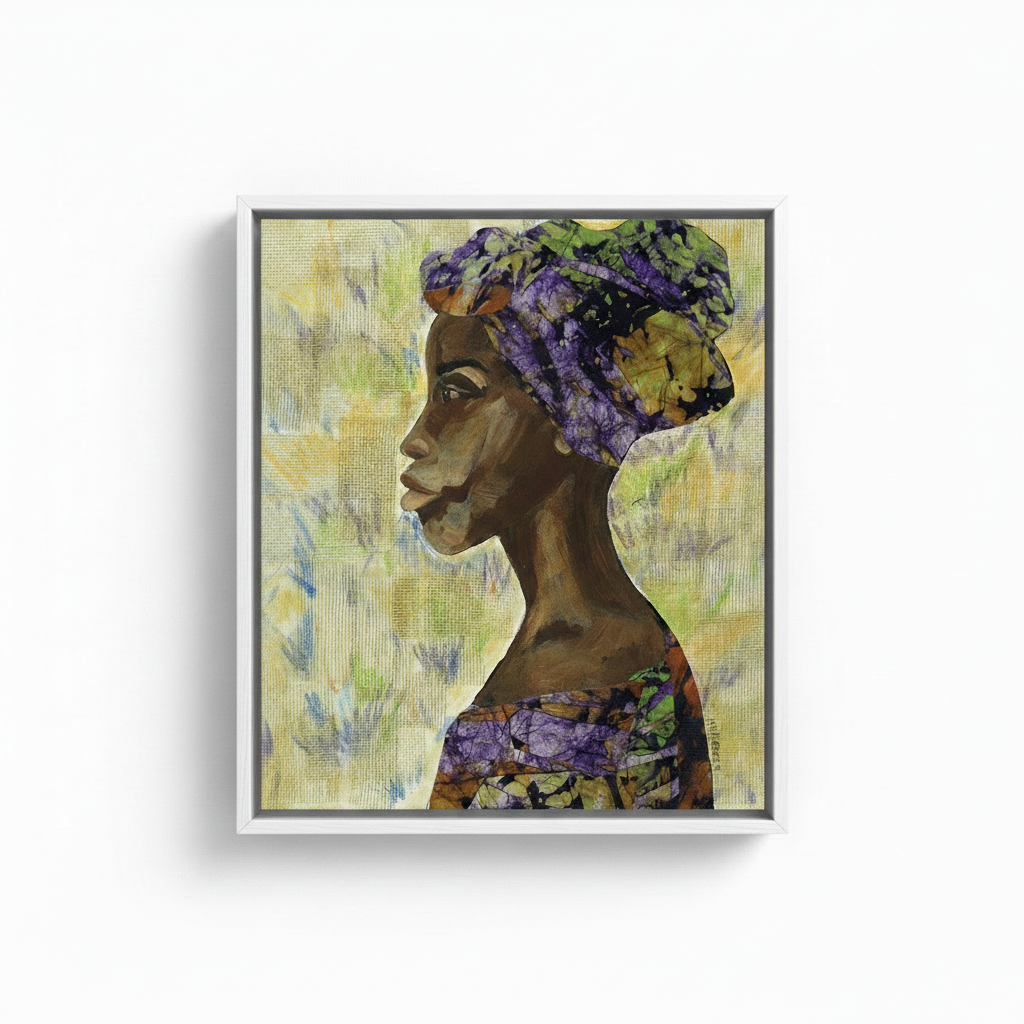 Nyanda African woman canvas print in white floater frame, studio shot