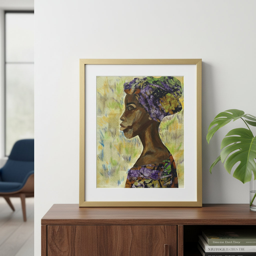 Nyanda African woman art print in gold frame on Parisian-style credenza