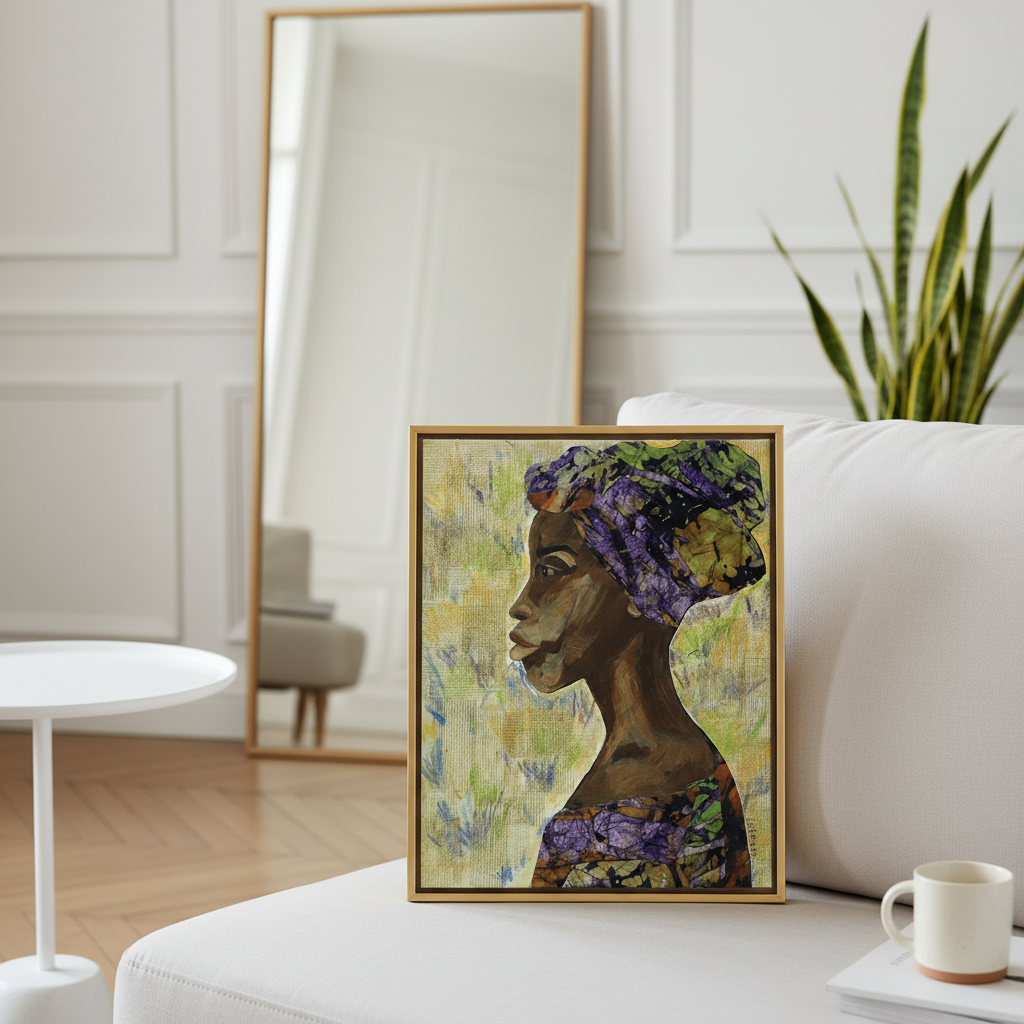 Close-up detail of Nyanda canvas print in gold frame near sofa