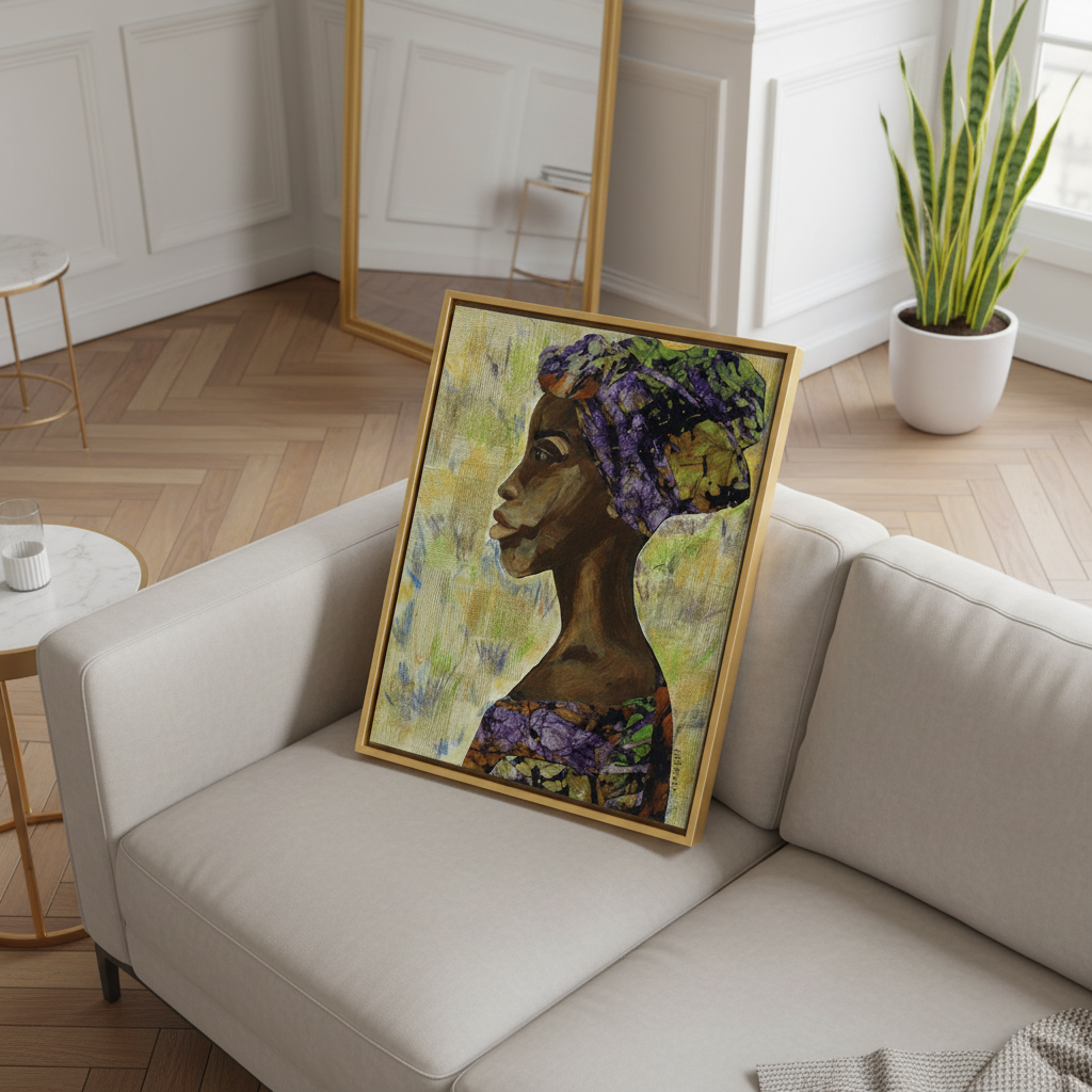Nyanda African woman art print lifestyle overhead view near sofa