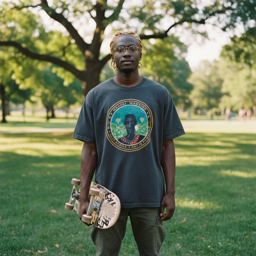 Person wearing the Maasai Warrior tee outdoors in a park with dappled sunlight