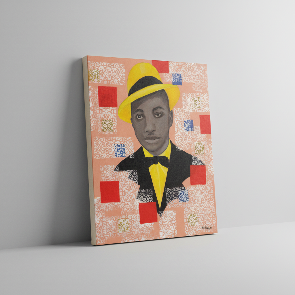 Canvas print of a person wearing a yellow hat and black outfit on a decorative background