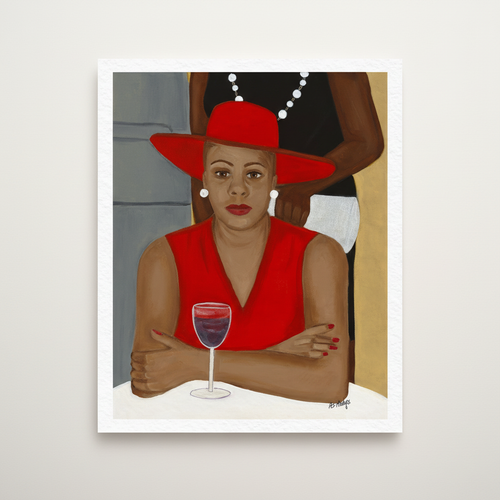 Pearls giclee print — full artwork image of Black woman in red hat with pearls on white cotton paper