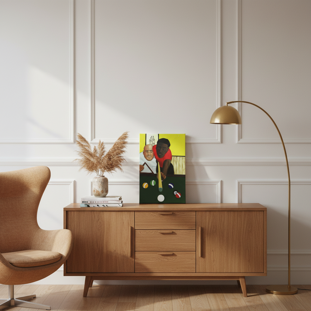 Pool Hall canvas print with Parisian sideboard egg chair and brass lamp — Black men billiards art