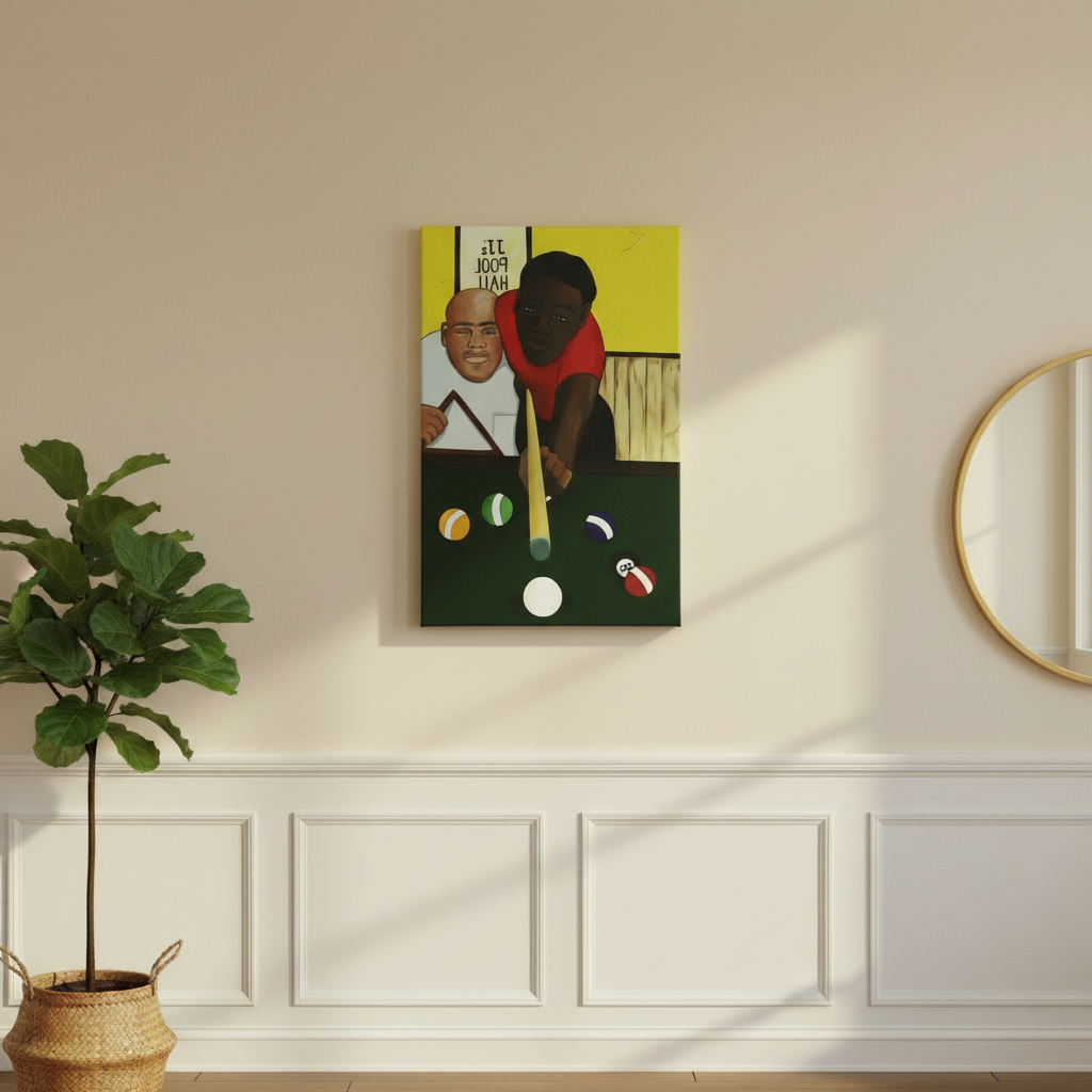 Pool Hall canvas print hung on wainscoting wall — Black men billiards community canvas art