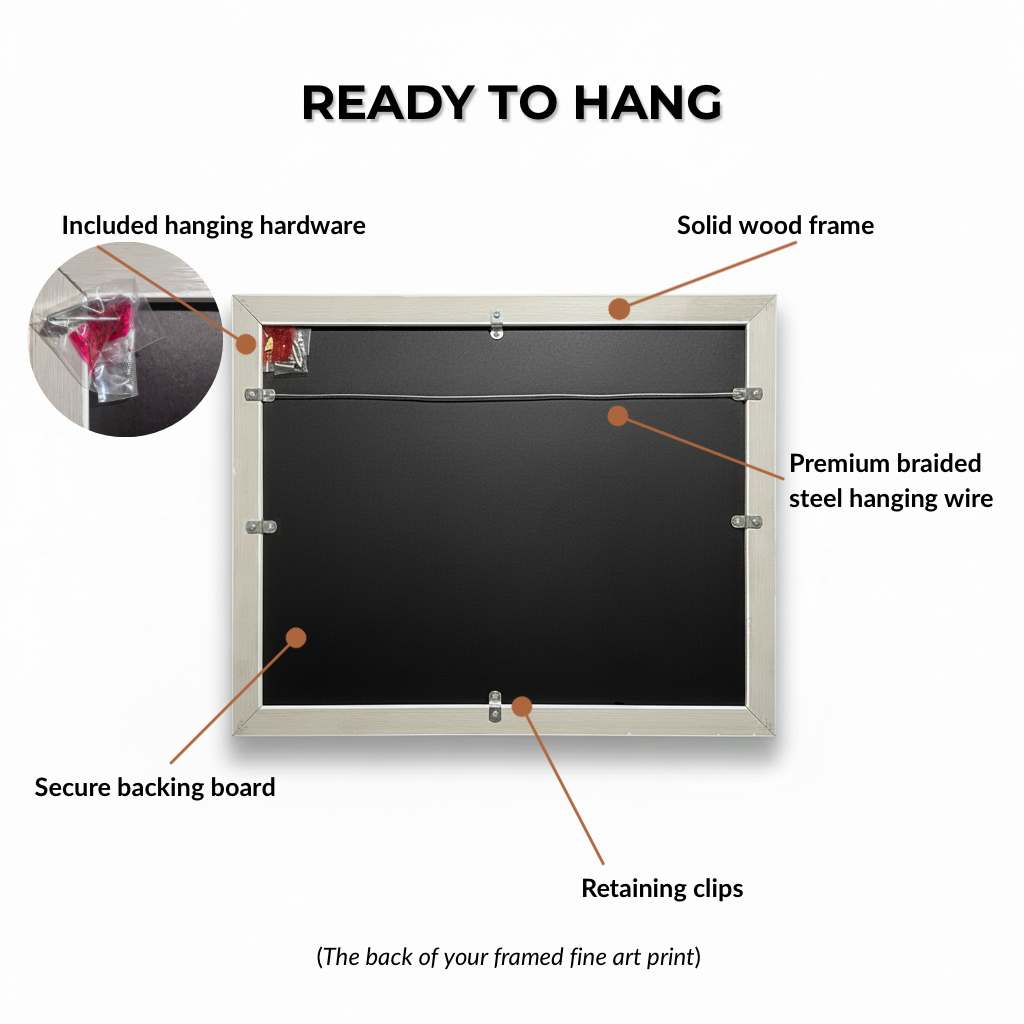 Back view of ready-to-hang framed canvas showing hanging hardware