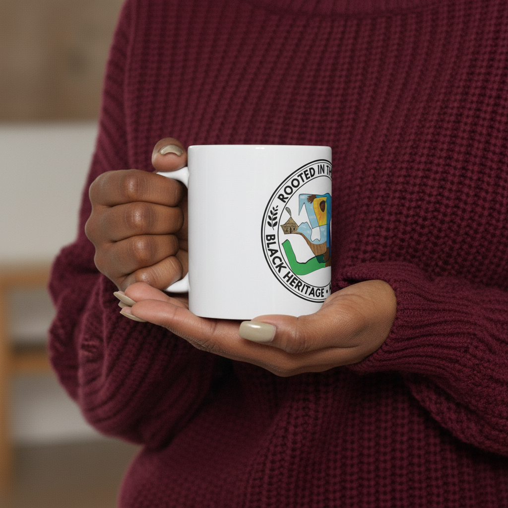 Black person holding the Rooted in the Land ceramic mug — Art Is Power Vol. I by Inkwell Fine Art Prints