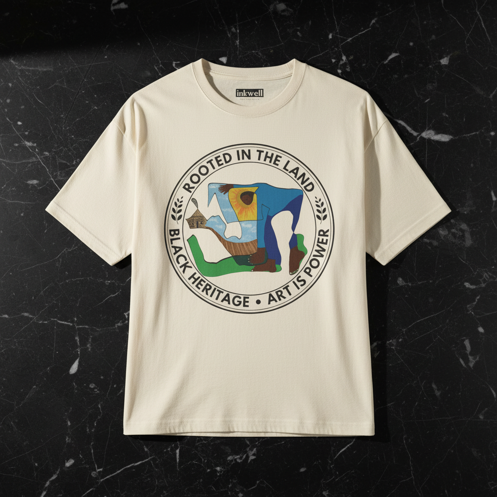 Rooted in the Land natural tee front flatlay on black marble — Art Is Power Vol. I | Inkwell Fine Art Prints