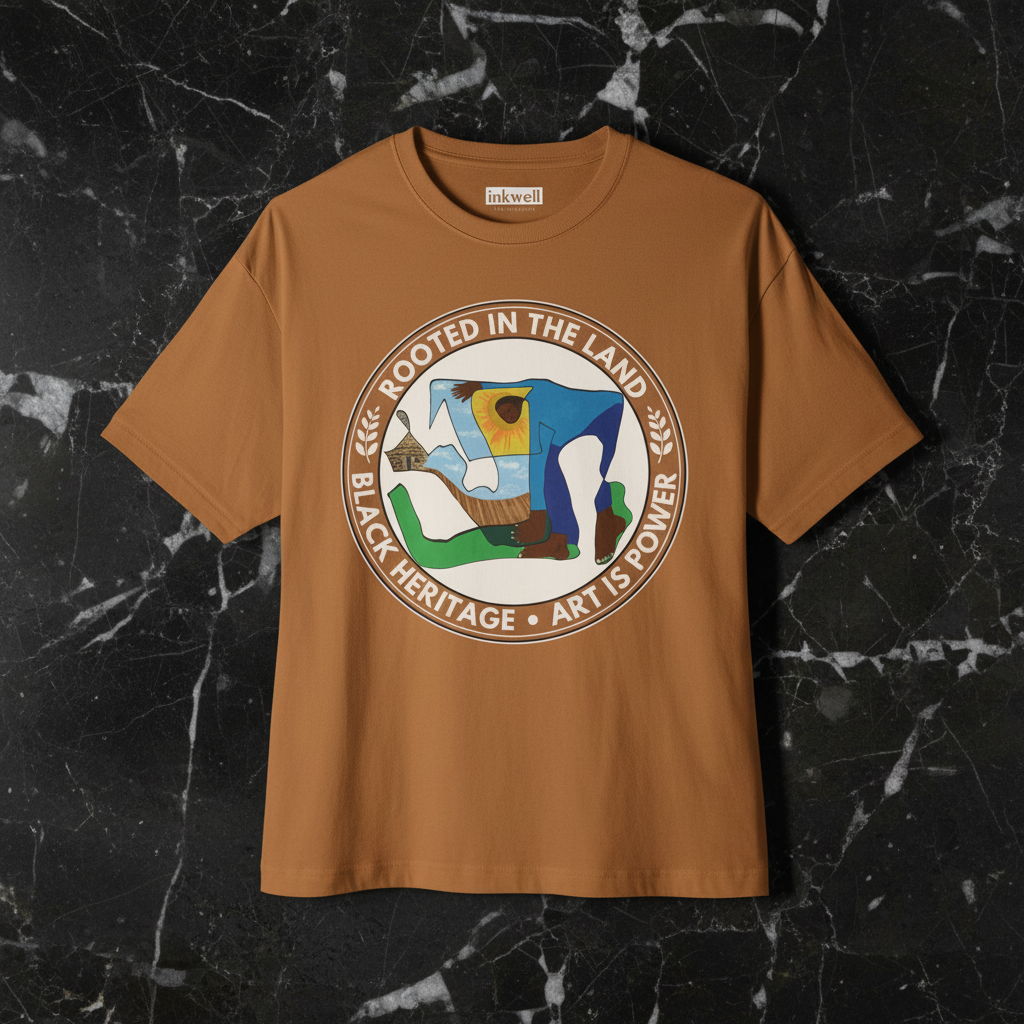 Rooted in the Land toast tee flatlay on black marble — Art Is Power Vol. I | Inkwell Fine Art Prints