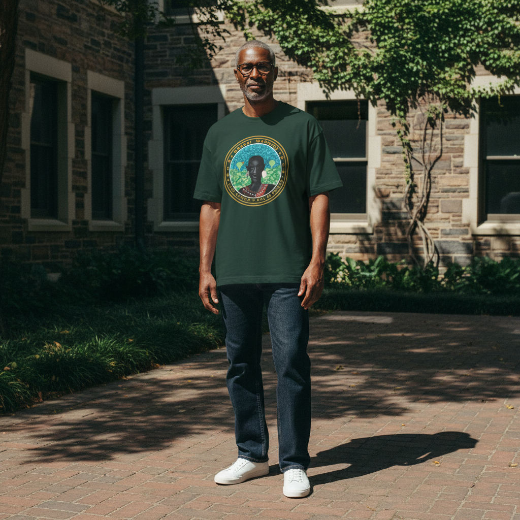 Senior faculty wearing Maasai Warrior tee in campus courtyard — Art Is Power Vol. I | Inkwell Fine Art Prints