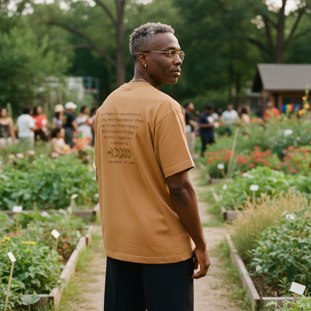 Senior faculty back view wearing Sharecropper tee in garden — Art Is Power Vol. I | Inkwell Fine Art Prints