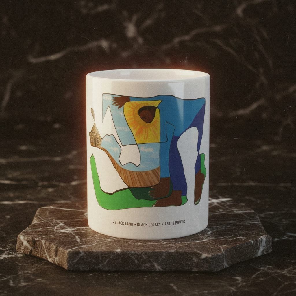 The Sharecropper ceramic mug front view on brown marble riser — Art Is Power Vol. I by Inkwell Fine Art Prints