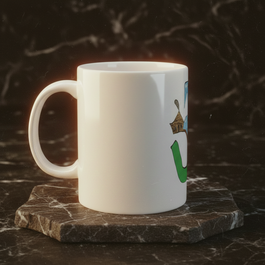 The Sharecropper ceramic mug left side view on brown marble riser — Art Is Power Vol. I by Inkwell Fine Art Prints