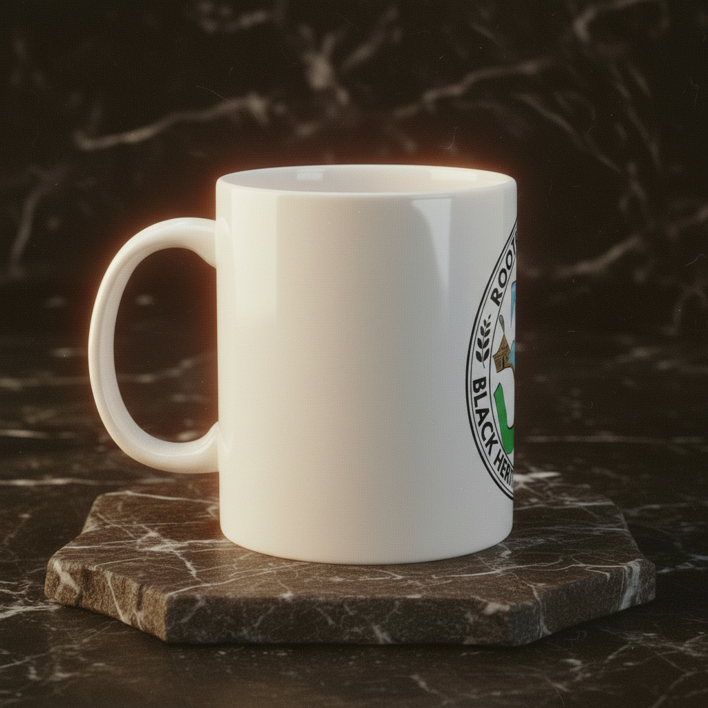 Rooted in the Land ceramic mug left side view on brown marble riser — Art Is Power Vol. I by Inkwell Fine Art Prints