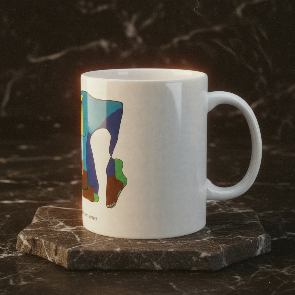 The Sharecropper ceramic mug right side view on brown marble riser — Art Is Power Vol. I by Inkwell Fine Art Prints