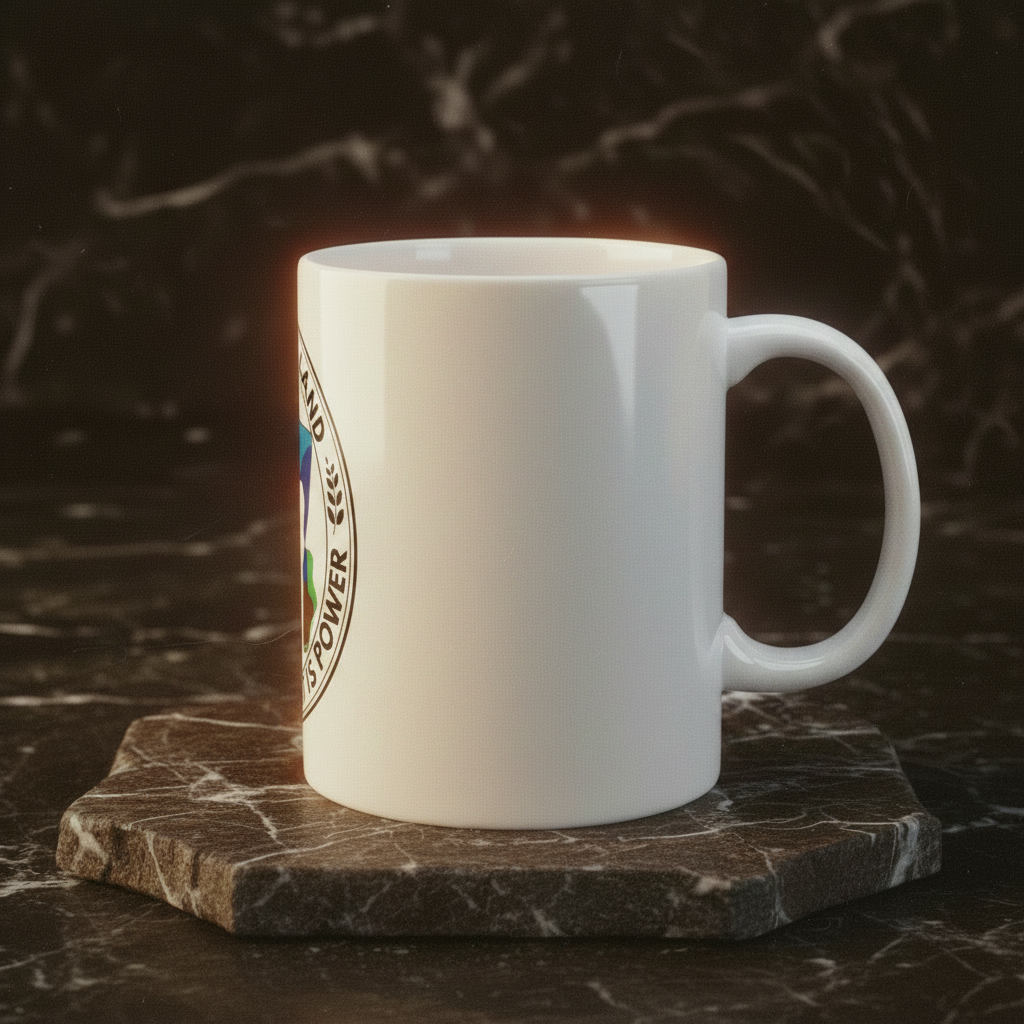 Rooted in the Land ceramic mug right side view on brown marble riser — Art Is Power Vol. I by Inkwell Fine Art Prints