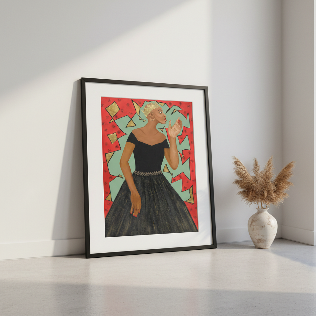 Framed artwork of a woman in a black dress with abstract geometric design on a white wall.