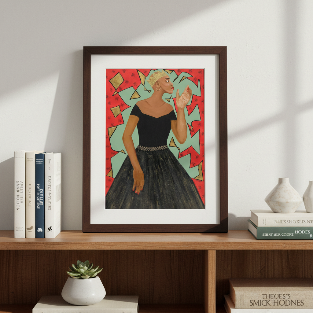 Framed artwork of a woman in a black dress on a shelf with books and decor.