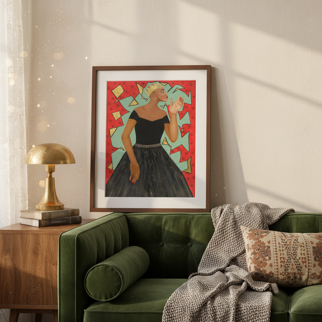 Framed artwork of a woman in a black dress on a wall above a green sofa with a lamp and books on a side table.