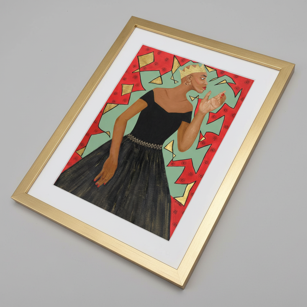 Framed artwork of a woman in a black dress with geometric patterns on a red background.
