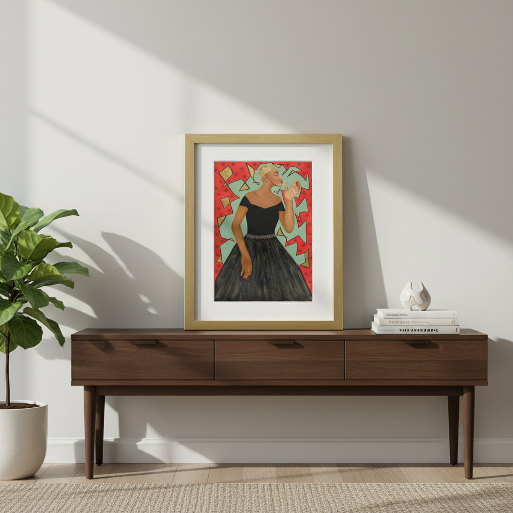 Framed artwork on a wooden console table with a plant and books in a room.
