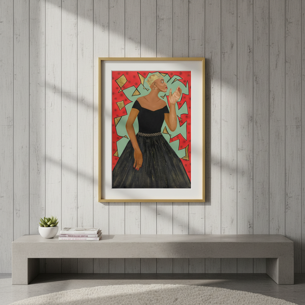 Framed artwork of a woman in a black dress on a wooden wall above a concrete bench.
