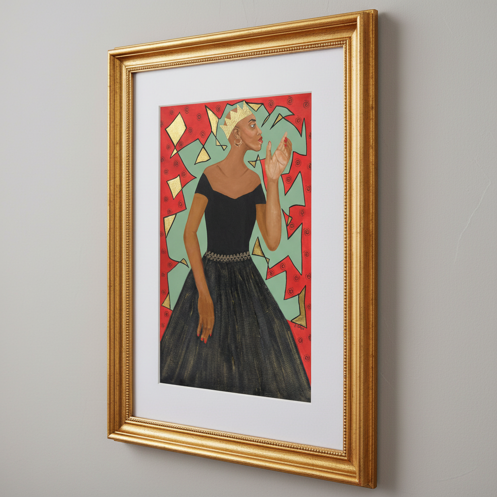 Framed artwork of a woman in a black dress with abstract patterns on a red background.