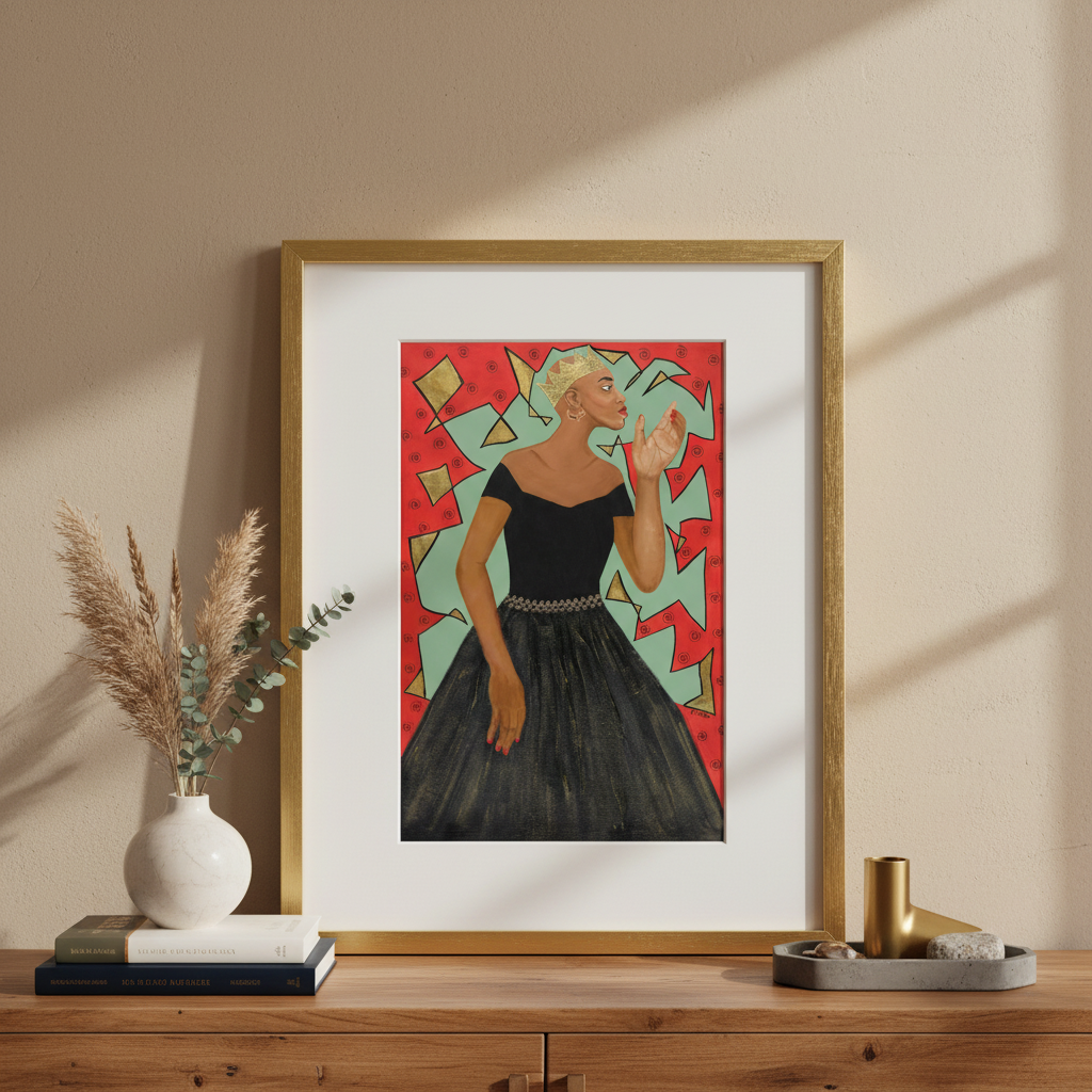Framed artwork of a woman in a black dress on a wooden surface with decorative items.