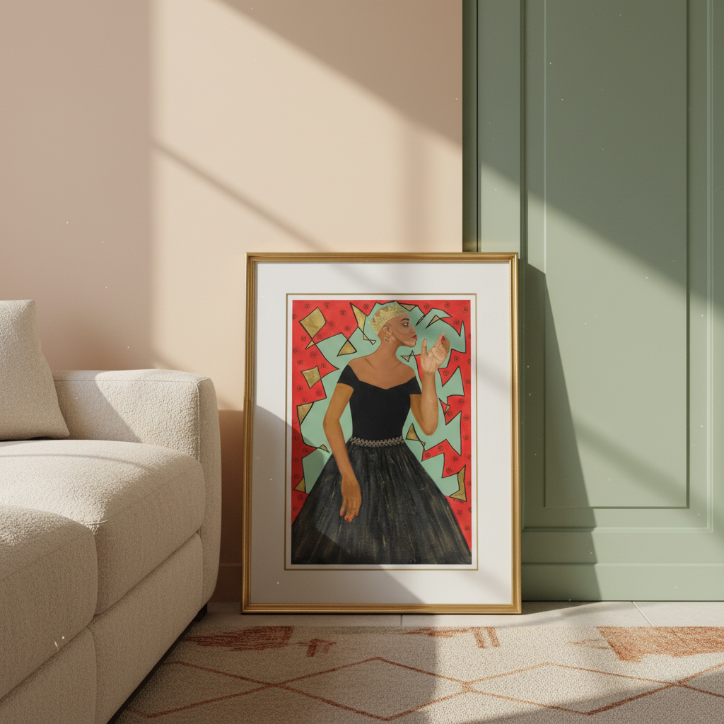 Framed artwork of a woman in a black dress with red accents on a wall in a living room.