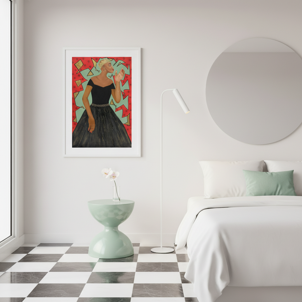 Modern bedroom with a bed, mirror, and artwork on the wall.