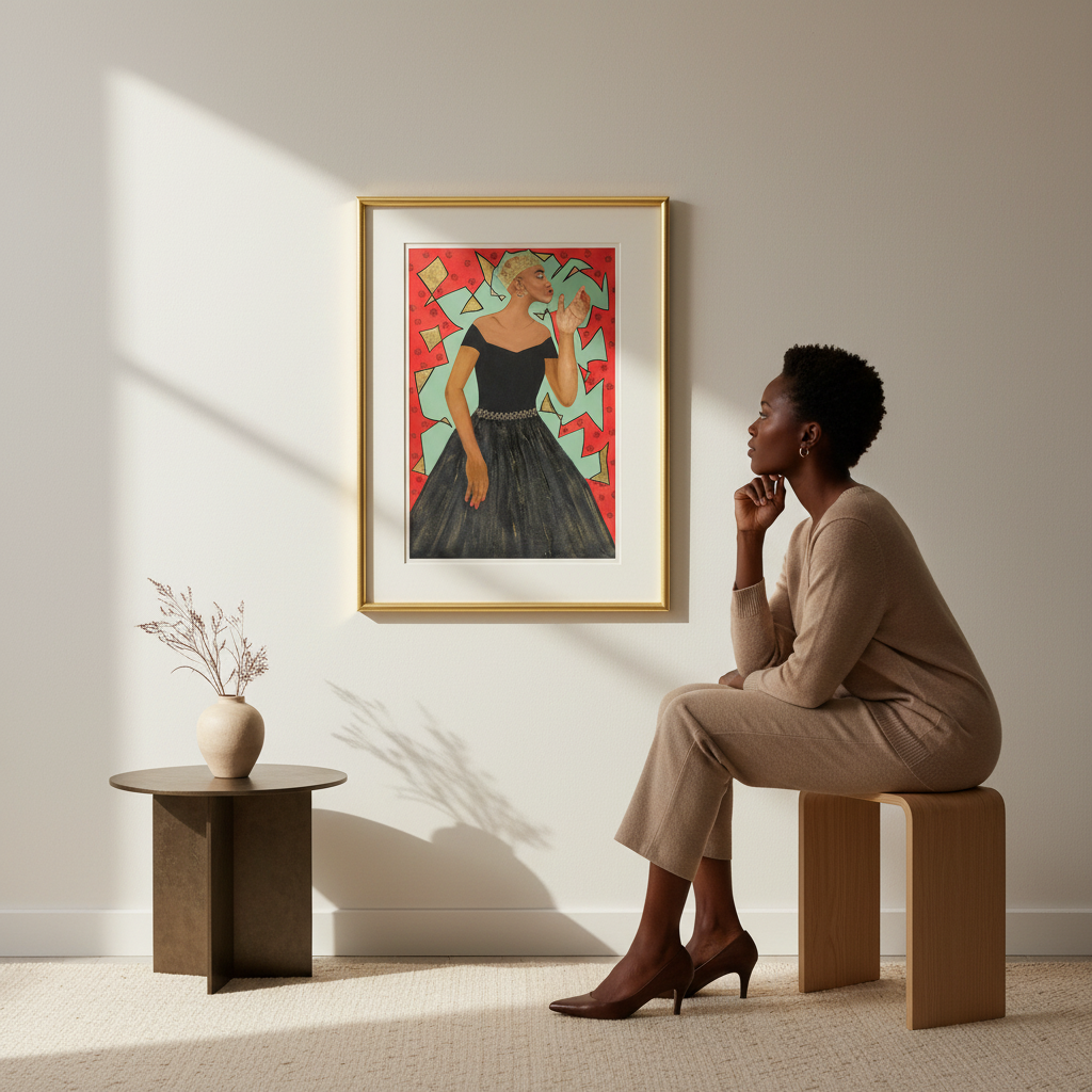 Woman sitting on a stool in a room with a framed artwork on the wall.