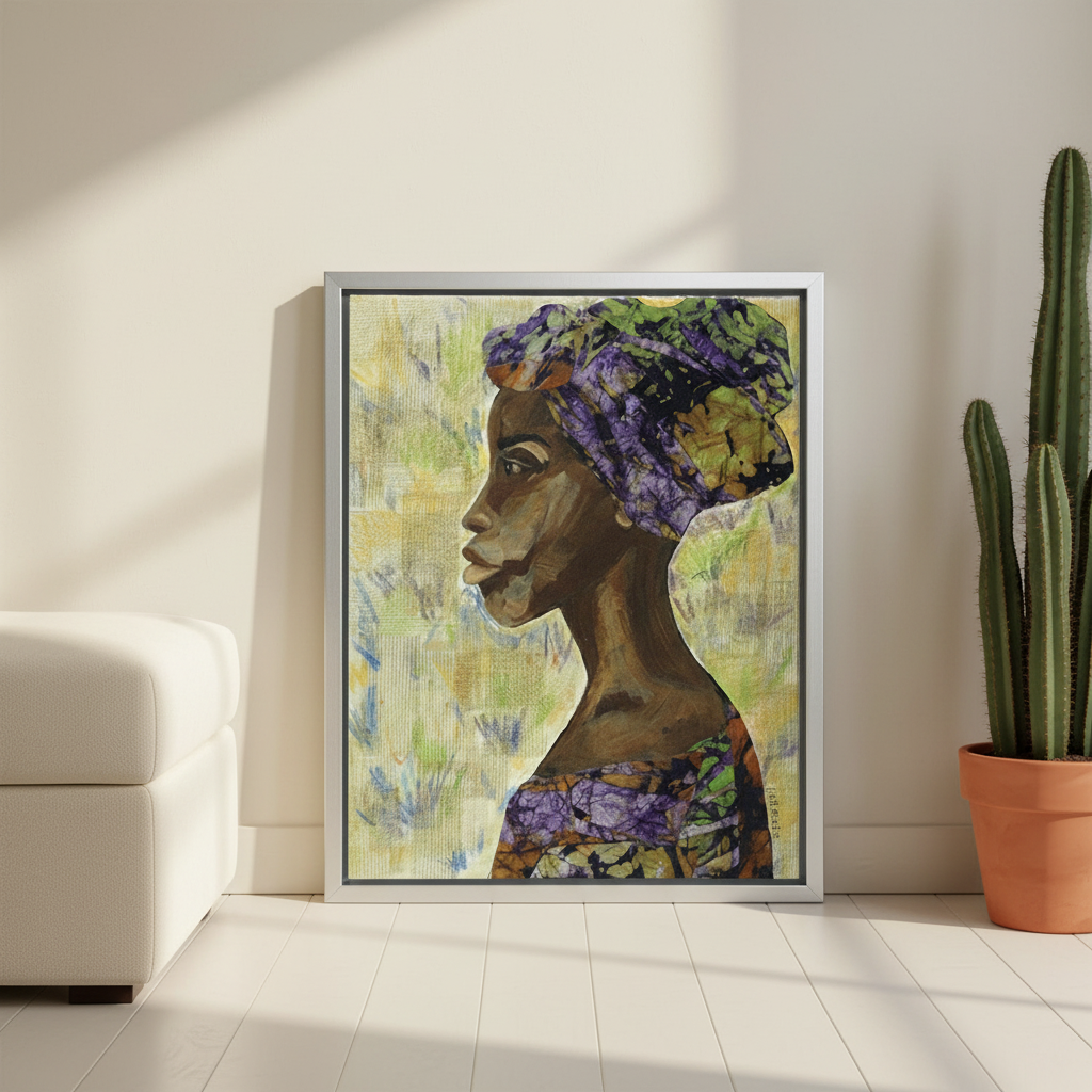 Close-up detail of Nyanda canvas print in silver floater frame