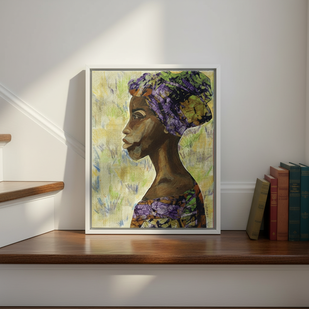 Nyanda African woman art print displayed art-forward on staircase wall