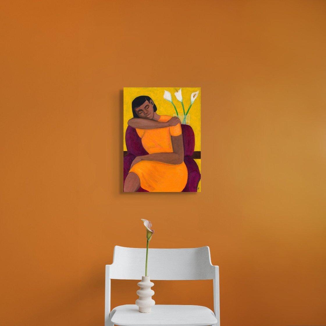 A Quiet Moment Stretched Canvas Print depicting an african american woman seated , resting. 