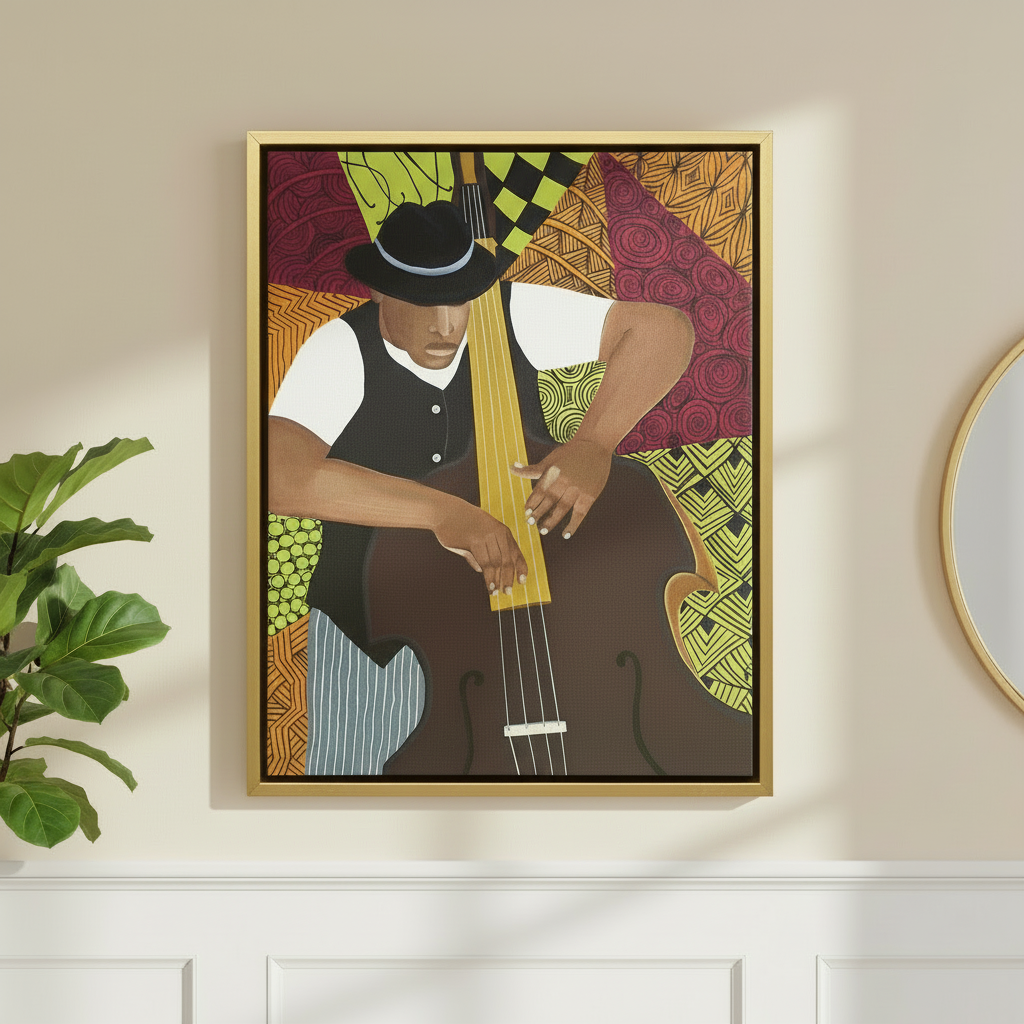 Black Bass Player Framed Canvas Wall Art | American Music Decor