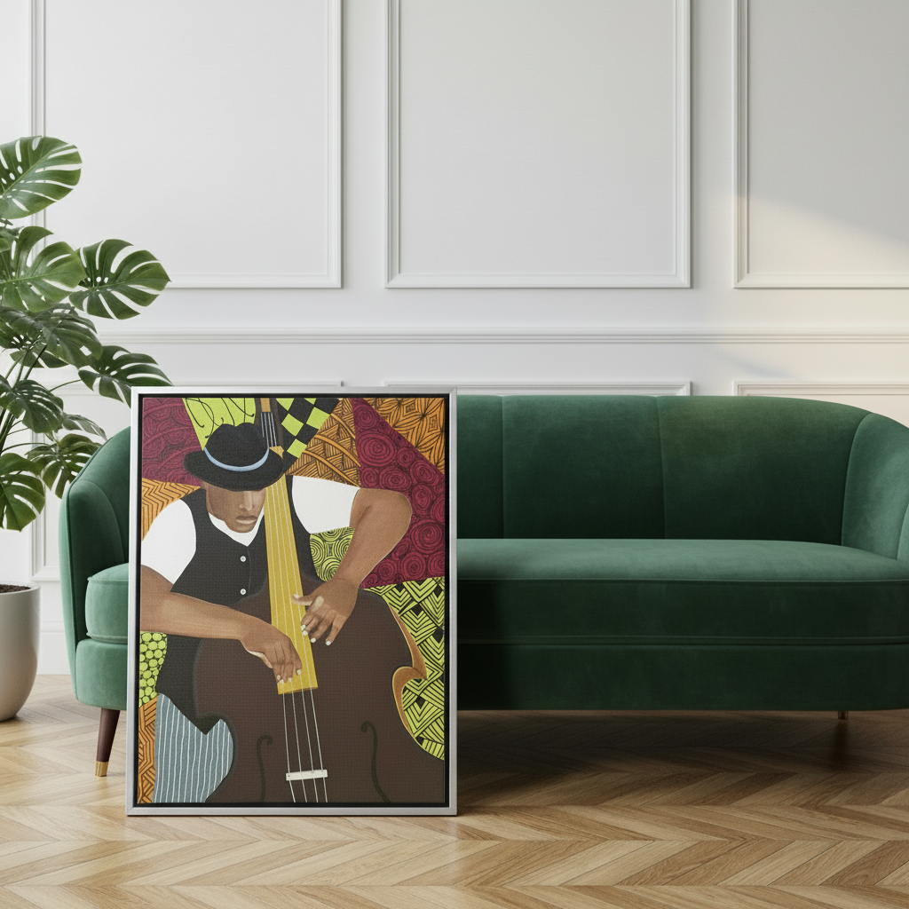 Black Bass Player Framed Canvas Wall Art | American Music Decor